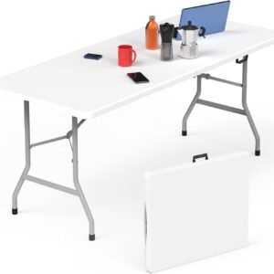 6ft Folding Table with Handle & Safety Locks - Portable Picnic & Camping Table, Indoor/Outdoor Dining & Work Table for Weddings & Parties Plastic Construction