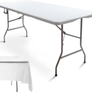 6FT Folding Picnic Table Portable Fold-in-Half Plastic Dining Picnic Party Table with Tablecloth, White
