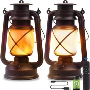 Lantern LED Battery Powered Camping Lamp Outdoor Hanging Lantern Flickering Flame Rechargeable Retro Lanterns Remote Control 4 Modes Light Non-Solar 2 Pack