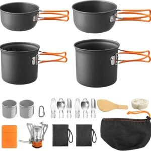 15PCS Portable Camping Cooking Set with Stove Top, Non-Stick Camping Pots and Pans Set, Lightweight Stackable Pot Pan Bowls Soup Spoon with Storage Bag for Camping, Outdoor Cooking