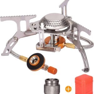 Portable Camping Gas Stove with 1 Propane Tank Adapter, Foldable Camp Stove Backpacking Stove with Piezo Ignition for Outdoor Hiking Cooking Burner