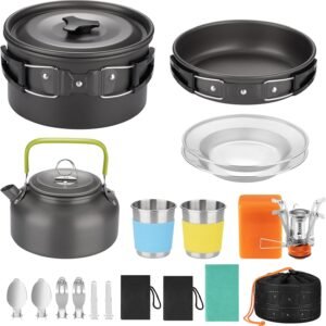 Camping Cookware Set, Portable Camping Mess Kit with Non-Stick PotsPans Set and Folding Fork, Lightweight Backpacking cookware Cooking Set for Outdoor/Camping/Hiking/Picnic