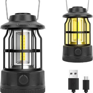 Camping Lantern Rechargeable USB Powered, Stepless Dimmer, Metal Retro Camping Light Waterproof Hanging LED Vintage Tent Lamp for Outdoor Hiking Fishing Emergency (Black)