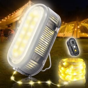 Camping String Lights for Camping Essentials Gear Waterproof, 21ft Hanging Lamp for Outdoor Camping Patio Awning Accessories,  Upgraded LED Rechargeable Tent Rope Lights for Camper Decor (Grey)