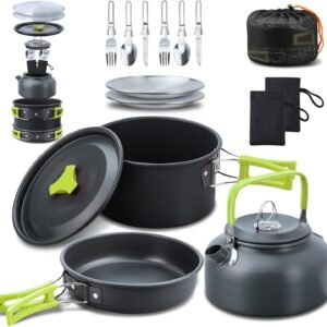 16pcs Camping Cookware Mess Kit, Non-Stick Lightweight Pot Pan Kettle Set with Stainless Steel Plates Forks Knives Spoons, Portable Camping Cooking Set for Outdoor Backpacking Hiking Picnic