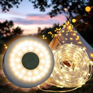 Camping Fairy Lights 2-in-1 Rollable USB Rechargeable 10 m / 136 LED Battery Lamp Warm White with 7 Light Functions Camping Lamp Garden Light Portable Rechargeable